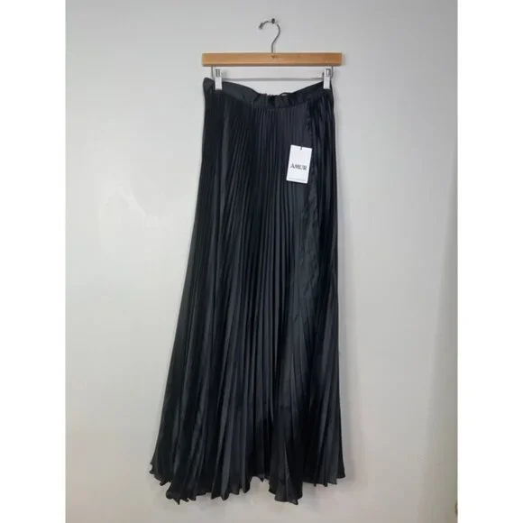 NWT Amur Side Seam Slit Unlined Sofie Pleated Maxi Skirt Black
